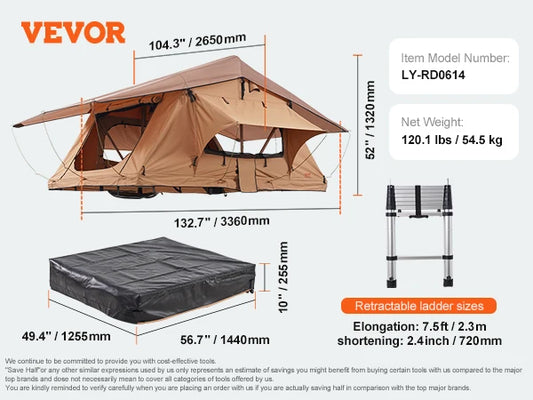 VEVOR Rooftop Tent Hardshell Folding Tent with Telescopic Ladder