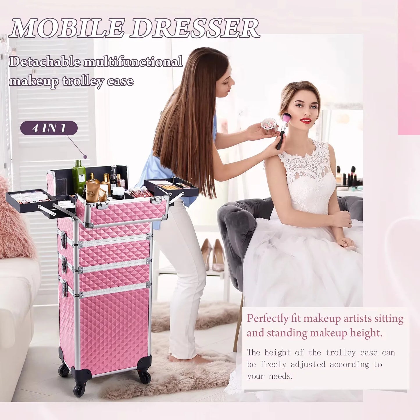 Makeup Trolley Case Detachable 4 in 1 Alloy Train Briefcase