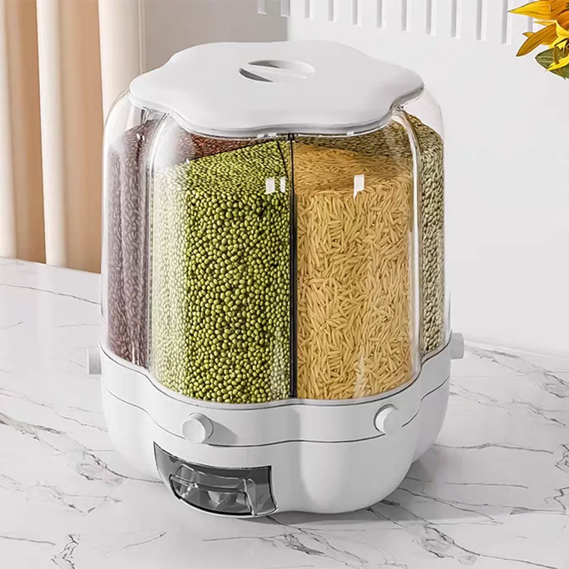 Rotating Food Storage Containers For Rice Beans Grains With Lid