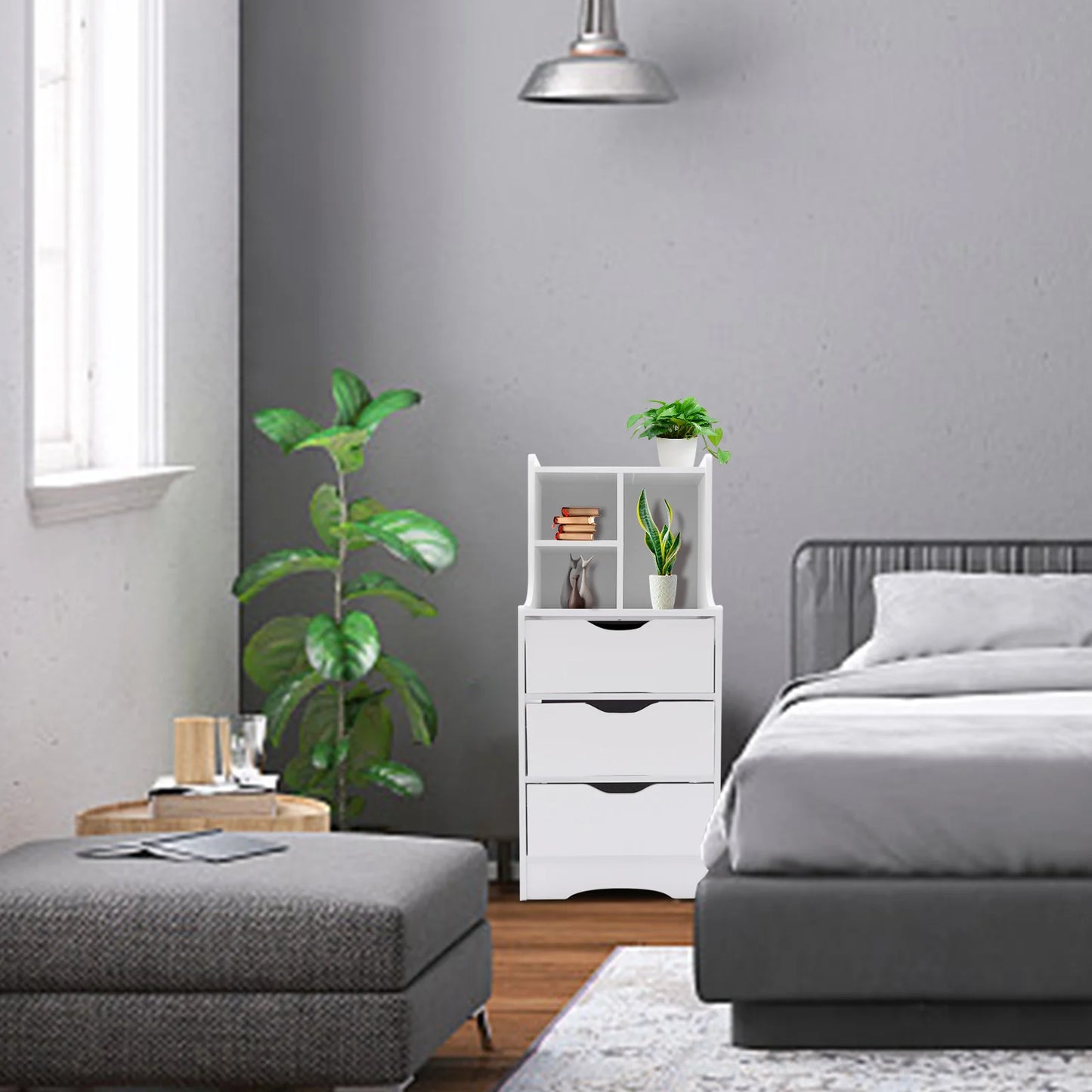Tall White Nightstand & 3 Drawers Side Stand Cabinet