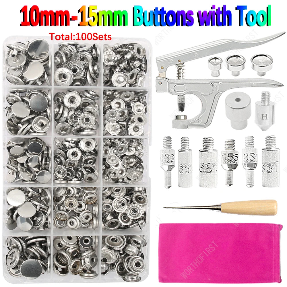 Metal Snap Fasteners Button Kits with Installation Pliers