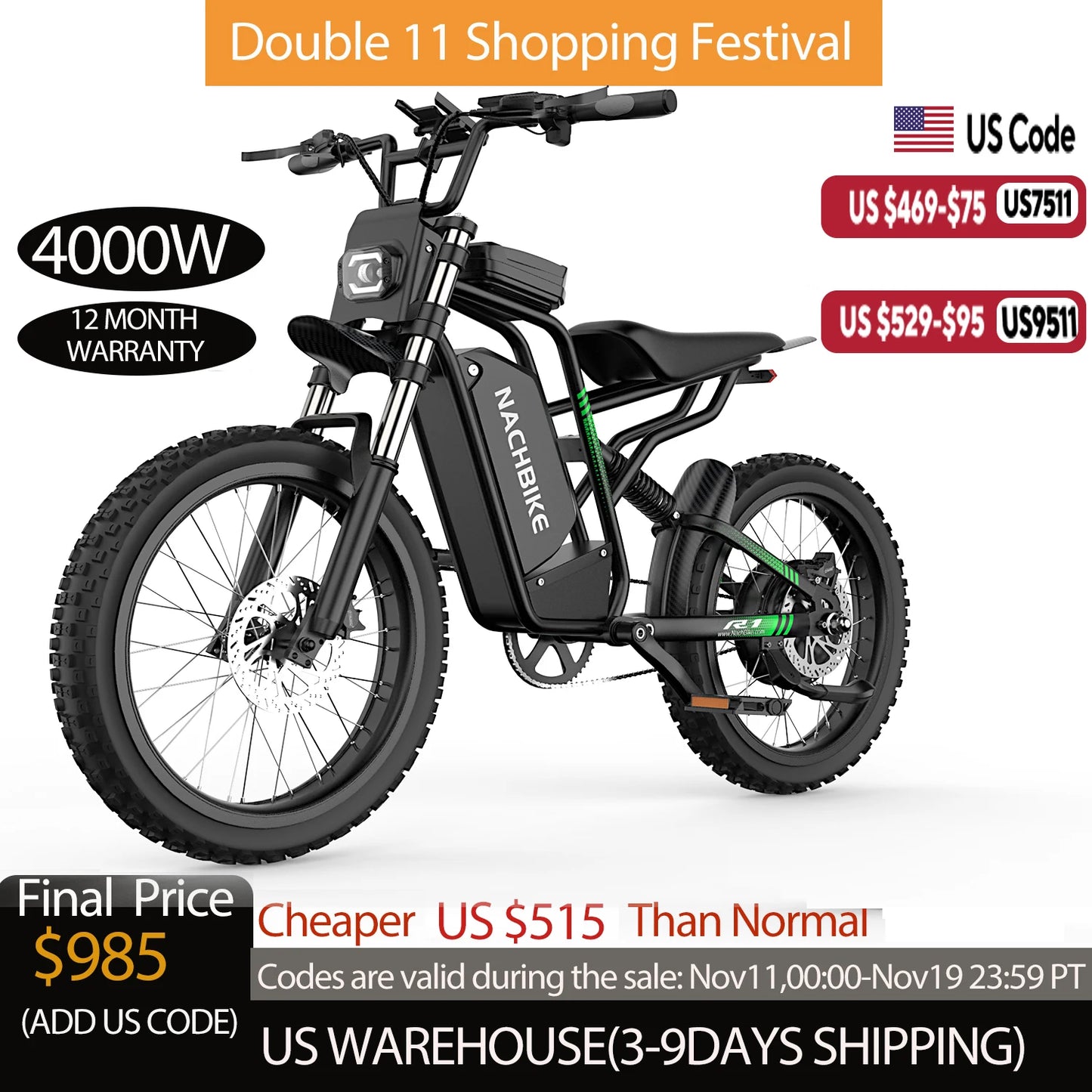 Electric Dirt Bike 4000W With 60V 25Ah Battery Hydraulic Brakes