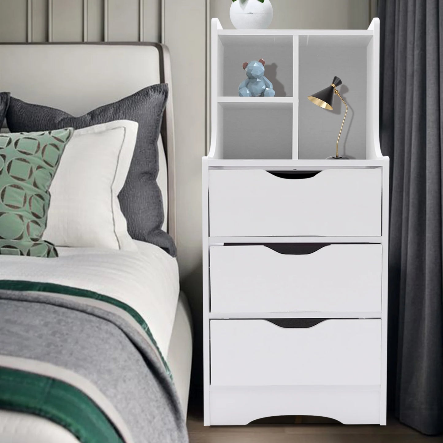 Tall White Nightstand & 3 Drawers Side Stand Cabinet