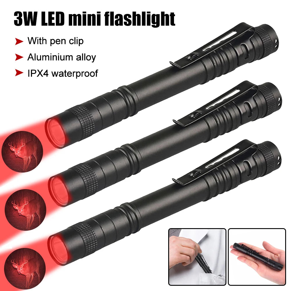 Mini Pen Light Portable LED Flashlight White 395nm Red Light Torch