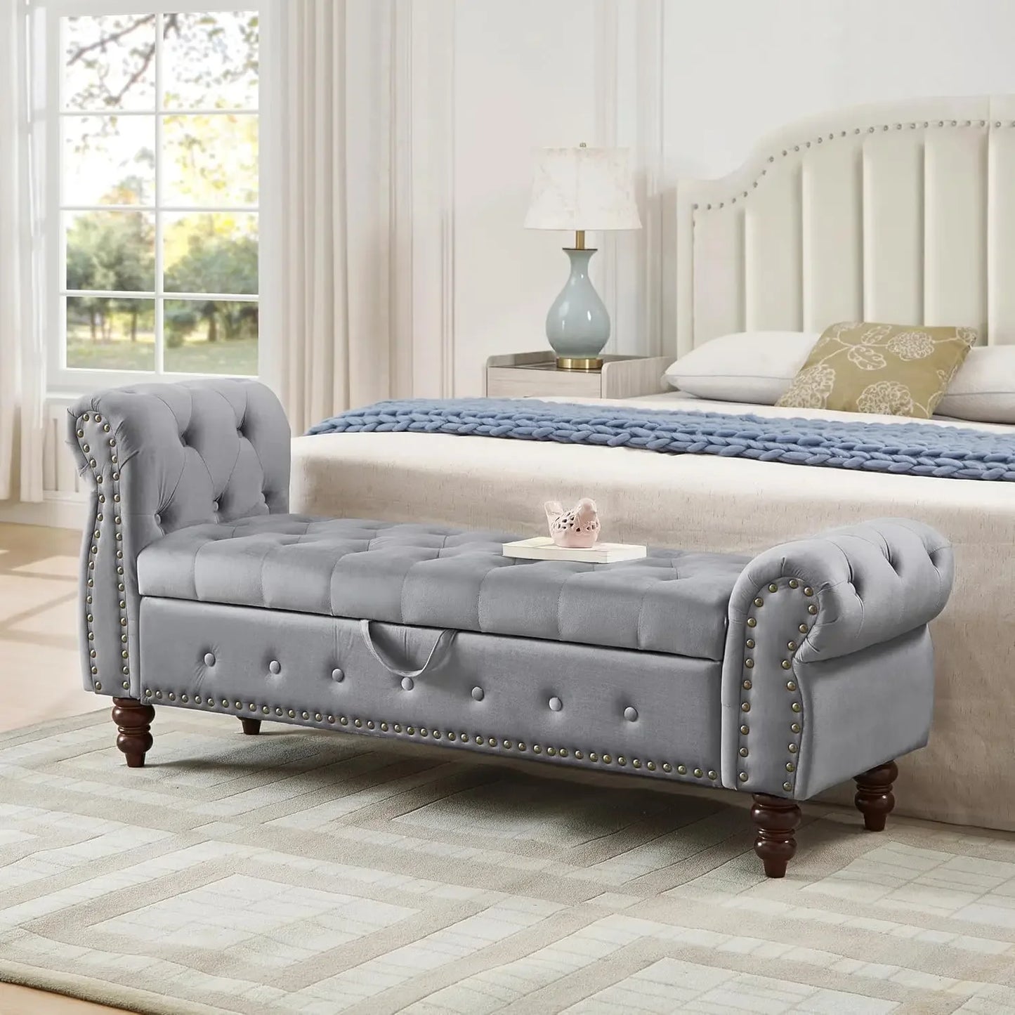 Velvet Storage Bench With Rolled Arm And Nailhead Trim