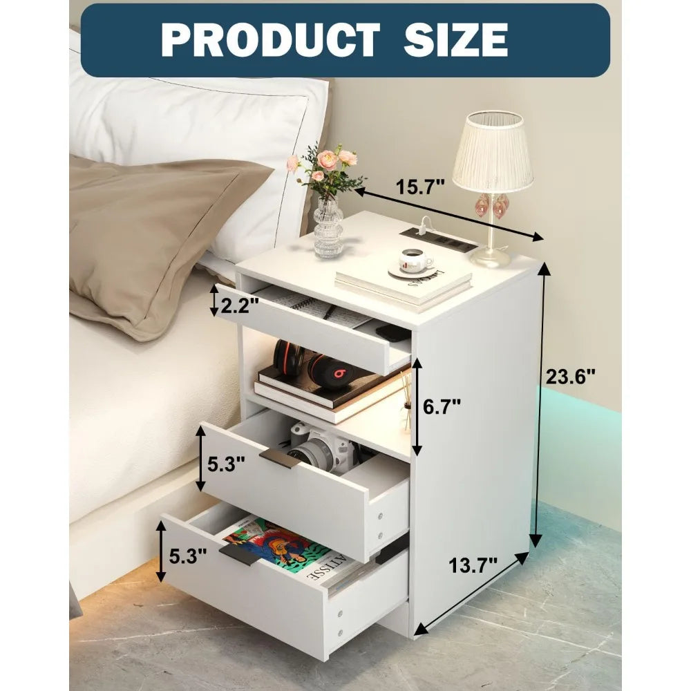 LED Nightstand with Charging Station and 3 Drawers