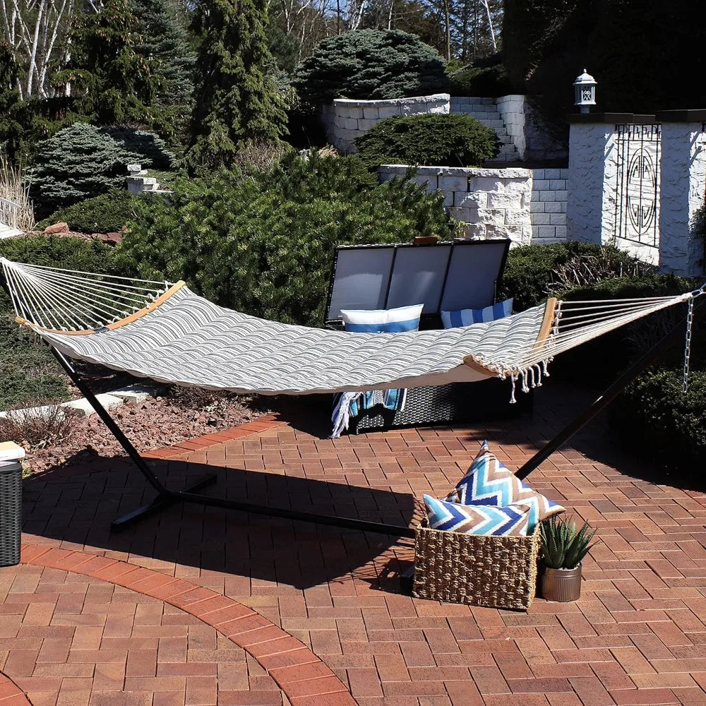 Polycotton Double Hammock with Curved Bamboo Spreader Bars