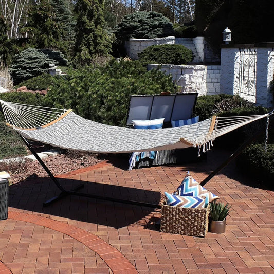 Polycotton Double Hammock with Curved Bamboo Spreader Bars