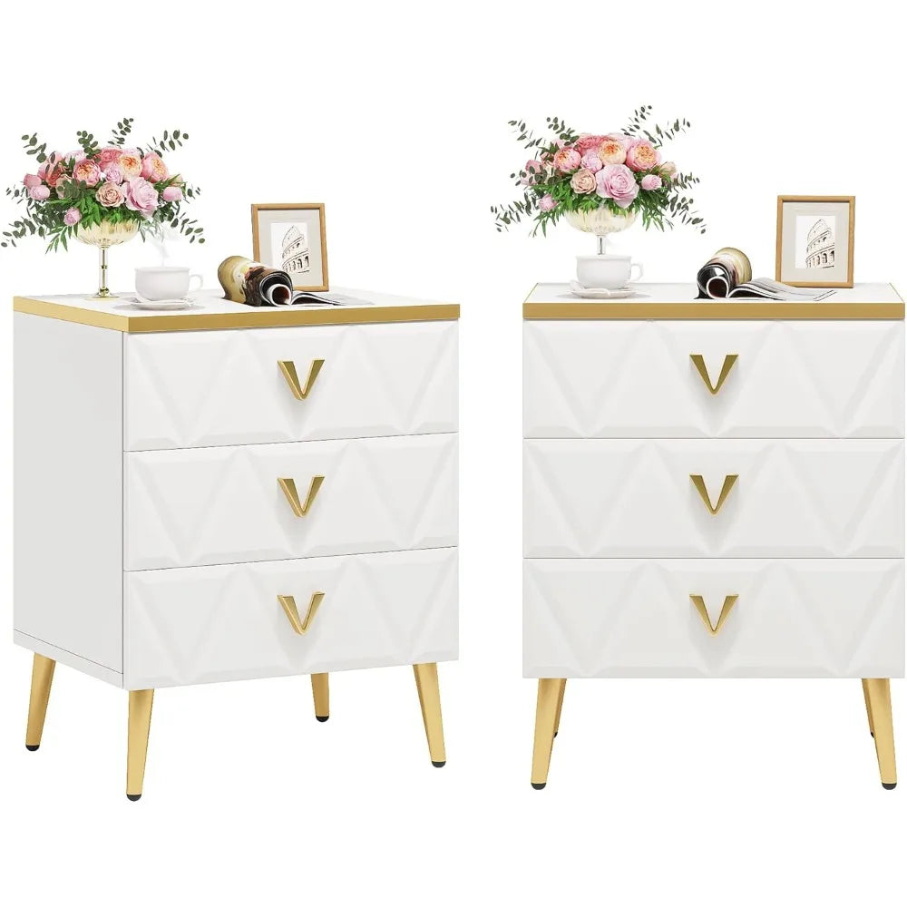 3-Drawer Nightstand Set of 2, Luxury Bedside Table