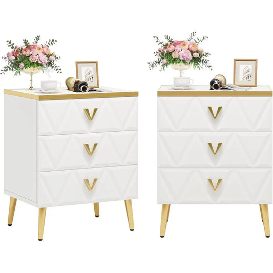 3-Drawer Nightstand Set of 2, Luxury Bedside Table