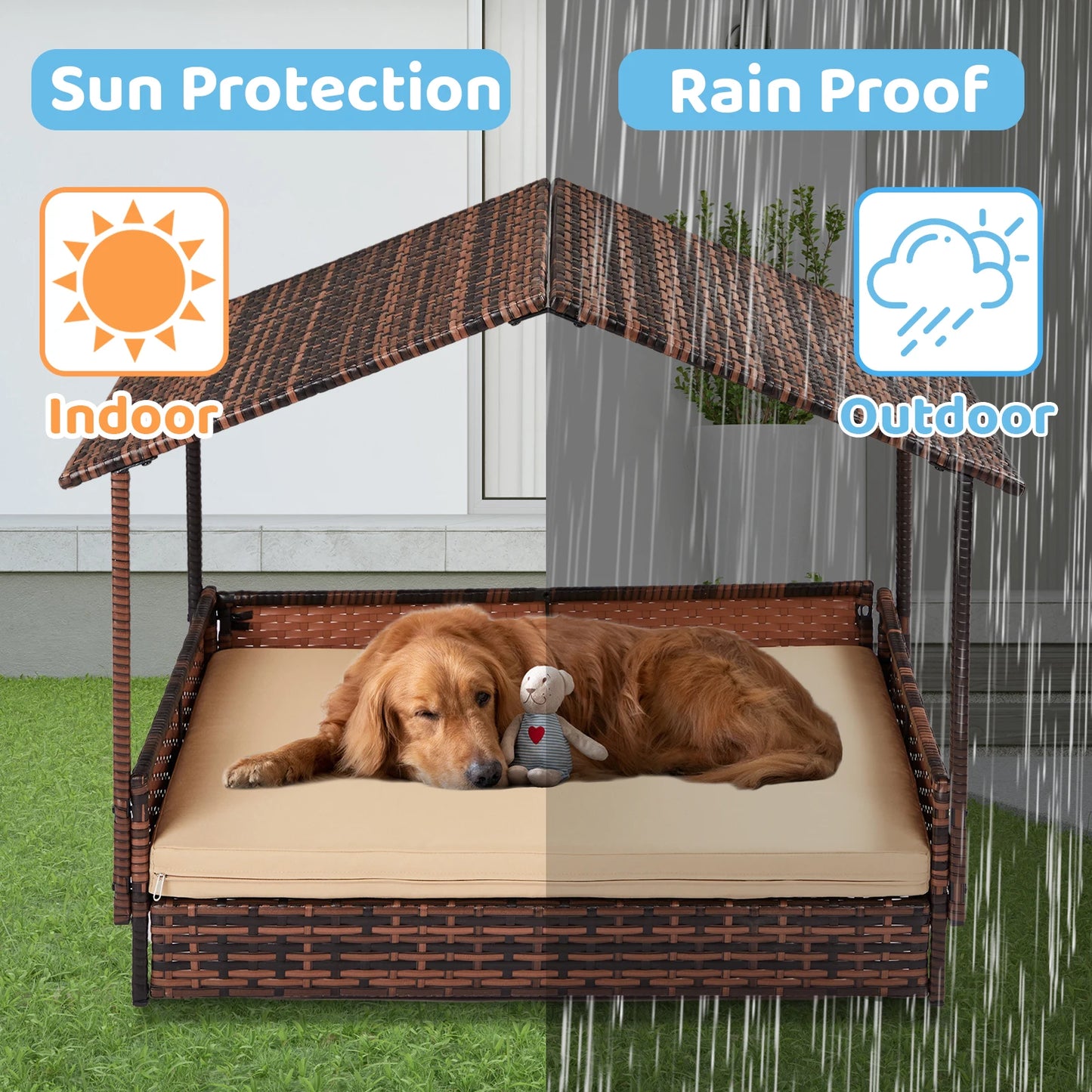 Wicker Dog House Elevated Rattan Bed with Canopy Cover