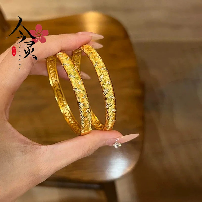 AU999 24K Gold Wheat Ear Bangle For Women Glossy Clasp
