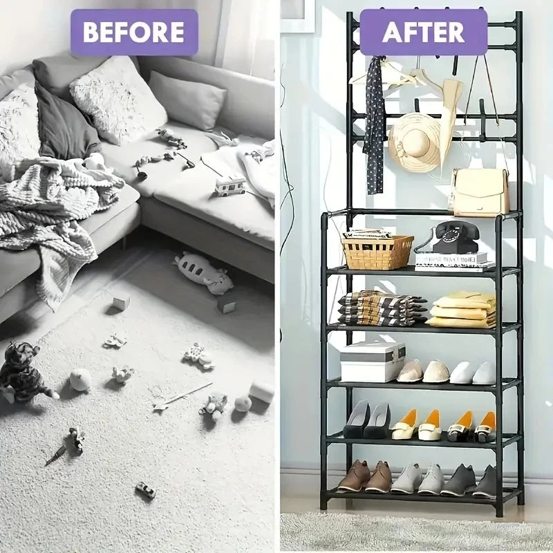 Hign-concerned Entryway Coat Rack With 4-Tier Shoe Storage 8 Hooks