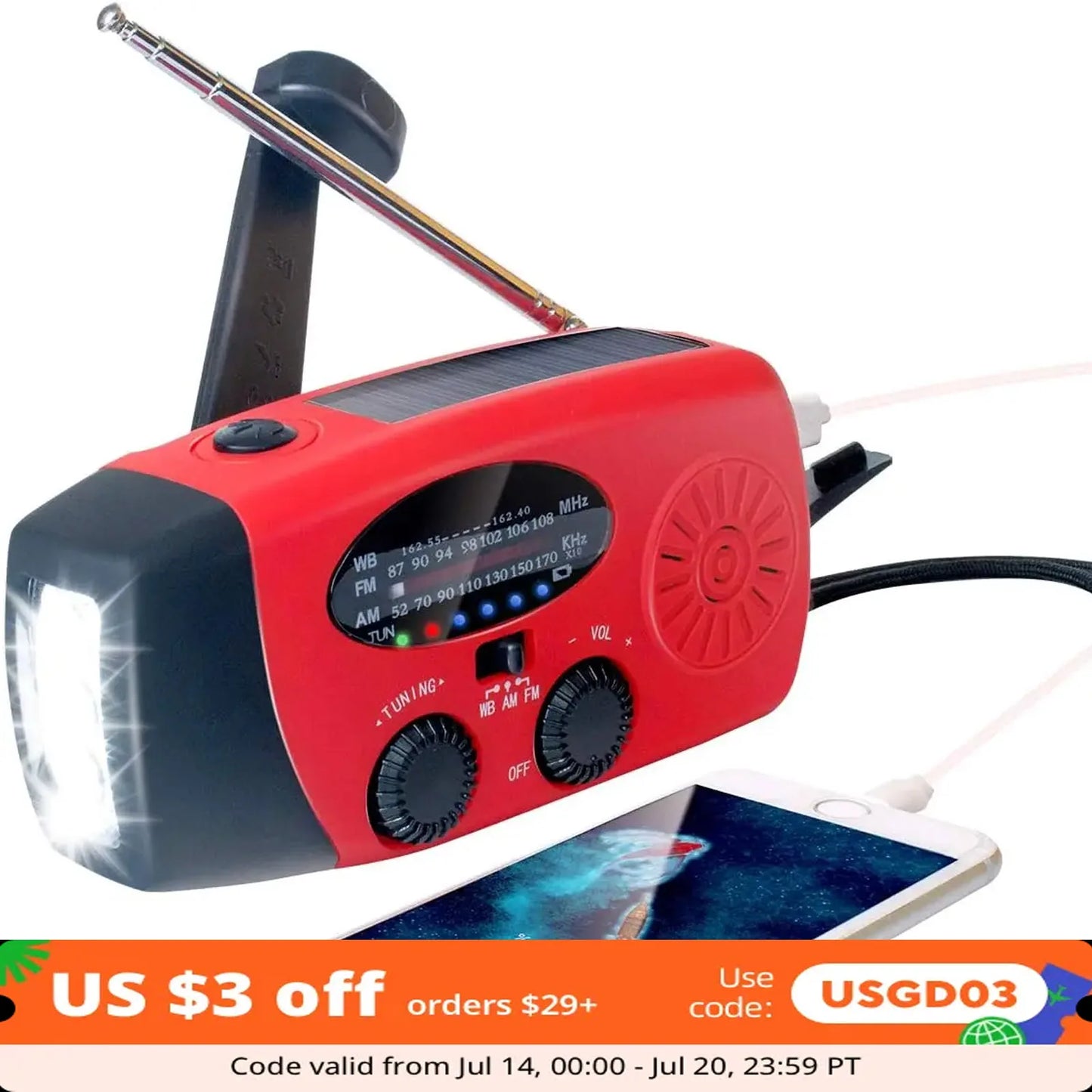 2000mAh Emergency Crank Weather Radio with LED Flashlight