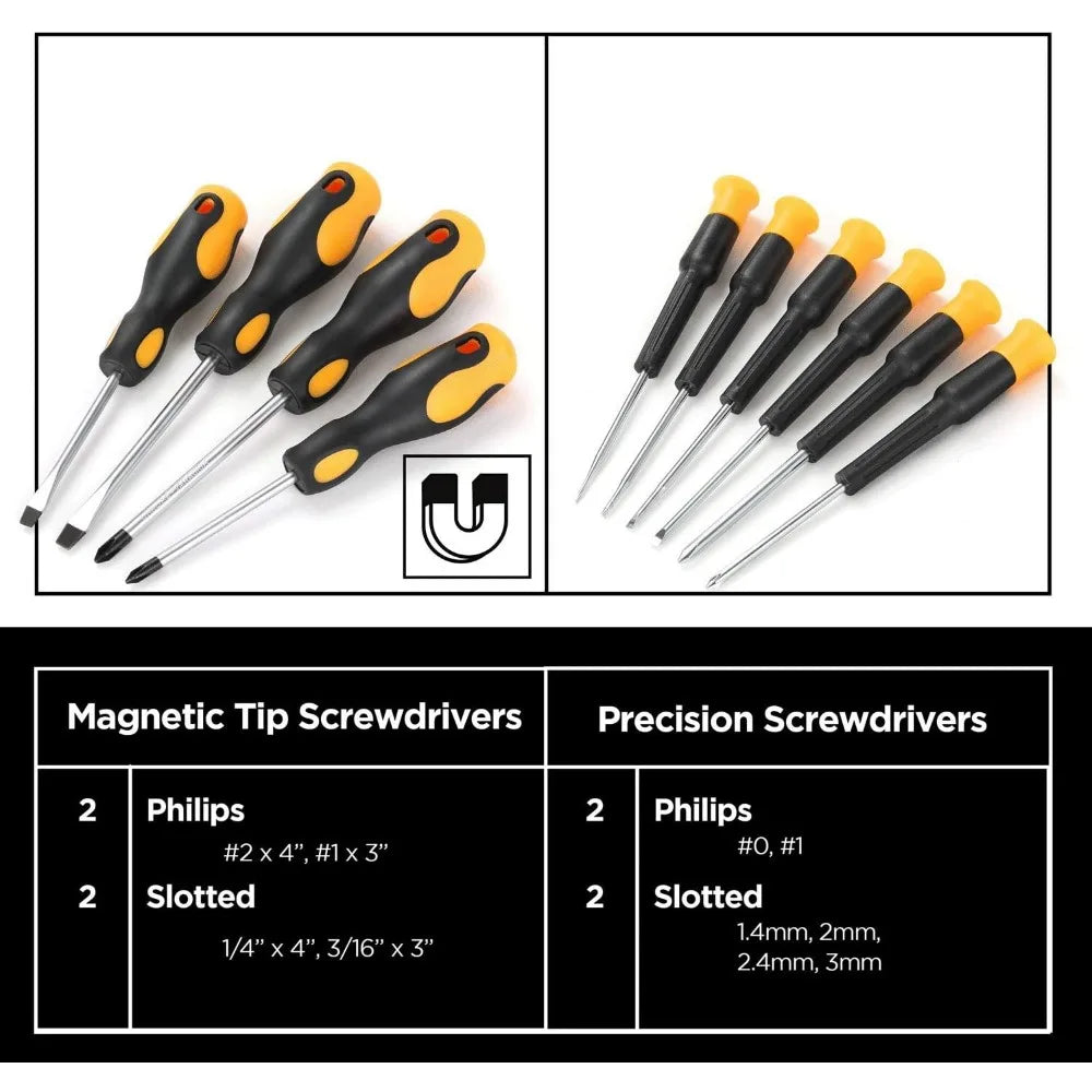 87-Piece Tool Set, Screwdriver Handle, 11 Bits, Magnetic Screwdrivers, Pliers, Tape Measure, 9” Torpedo Level, Hammer, Wrenches