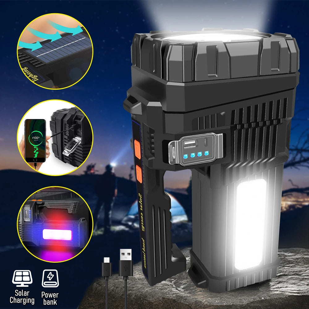 Solar Energy High Power LED Flashlight Type-C Rechargeable Waterproof