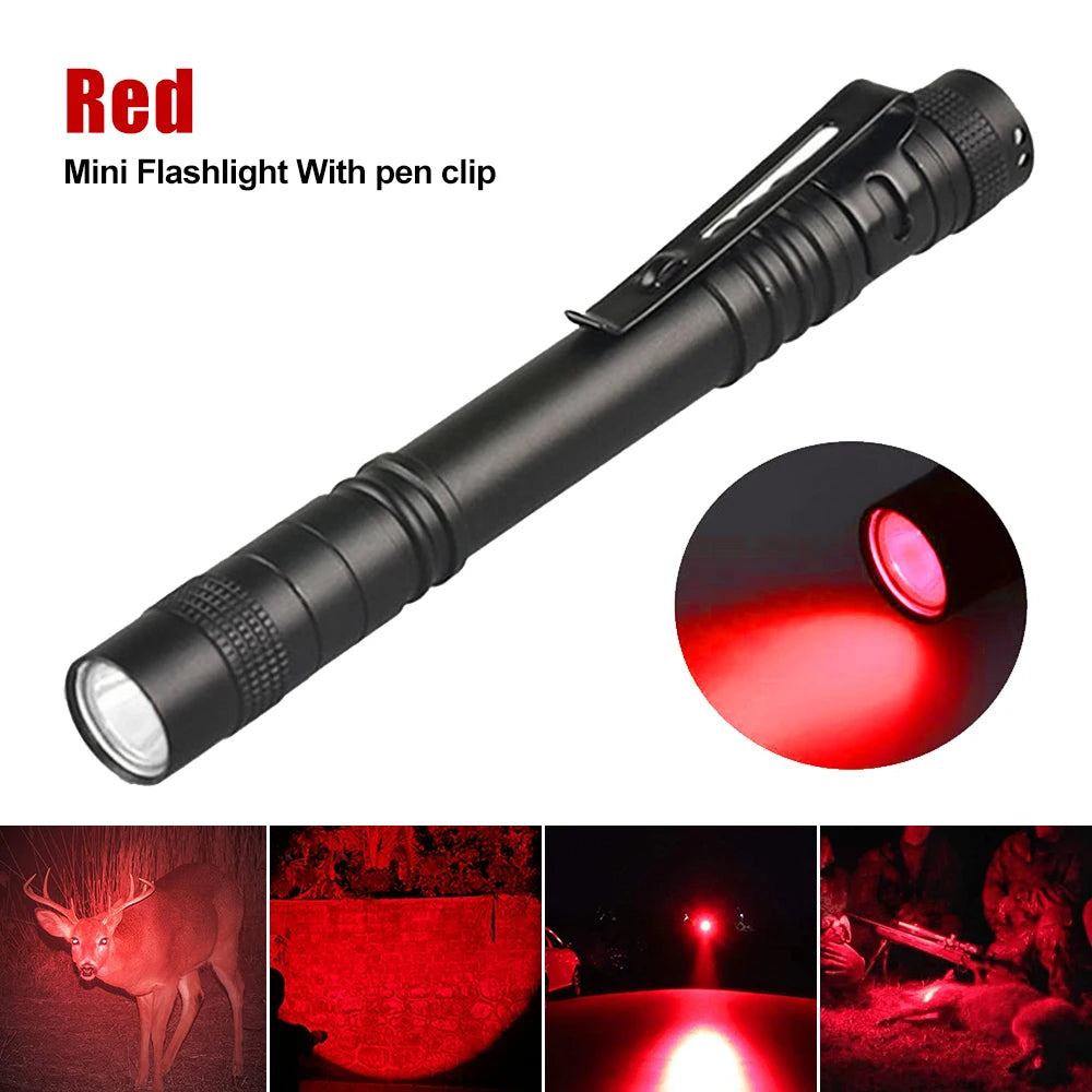 Mini Pen Light Portable LED Flashlight White 395nm Red Light Torch