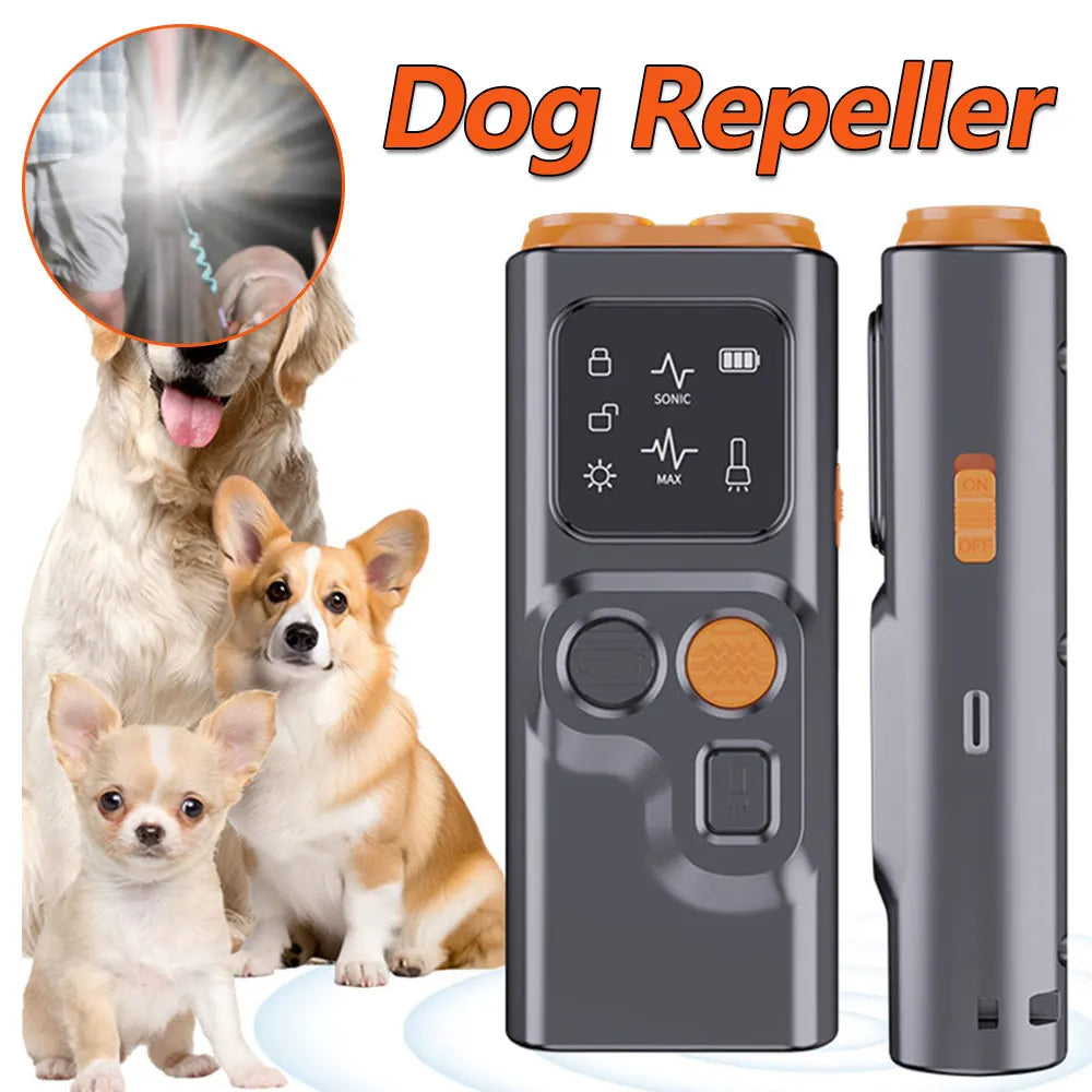 Rechargeable Sonic Anti Dog Bark Deterrent Device with Dual Ultrasonic Emitter LED Flashlight Shock Bark Collar Alternative