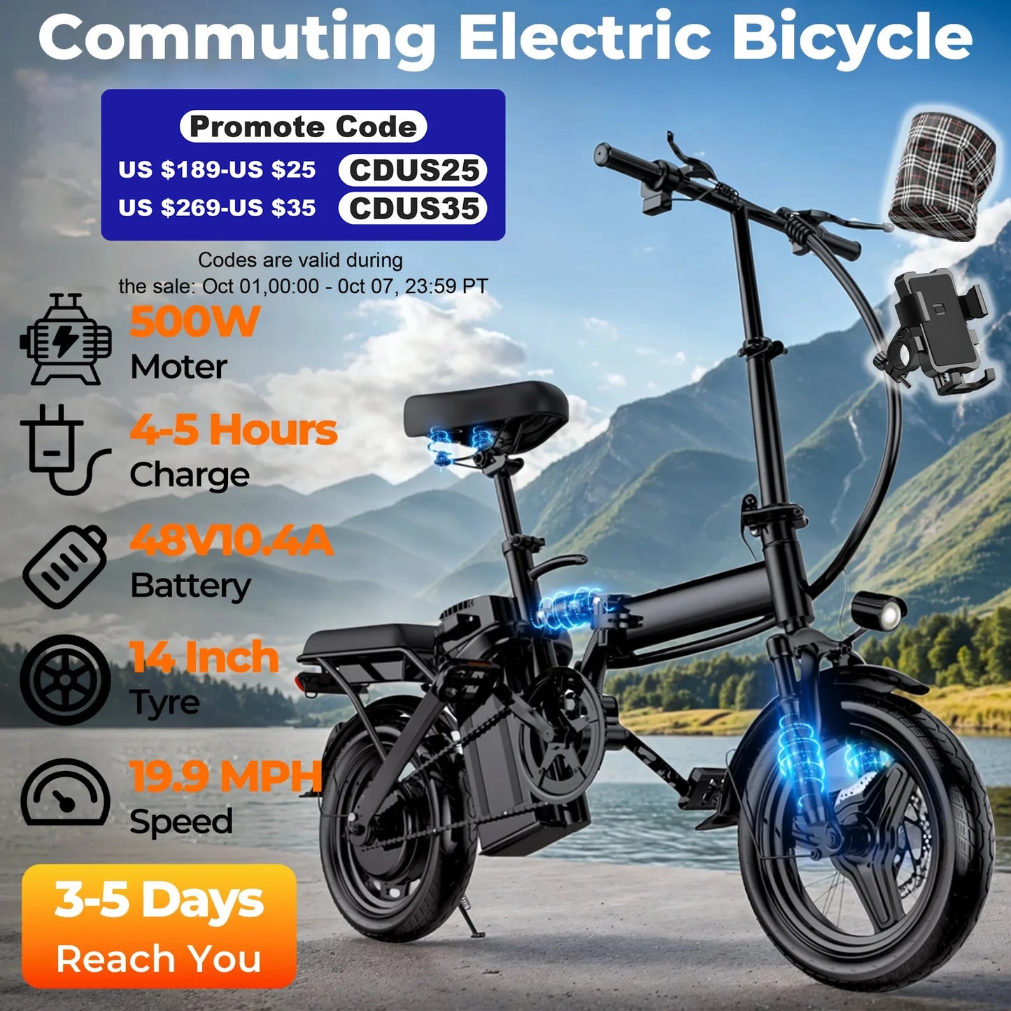 LELEKUA 500W Folding Electric Bike 20 MPH With Removable Battery