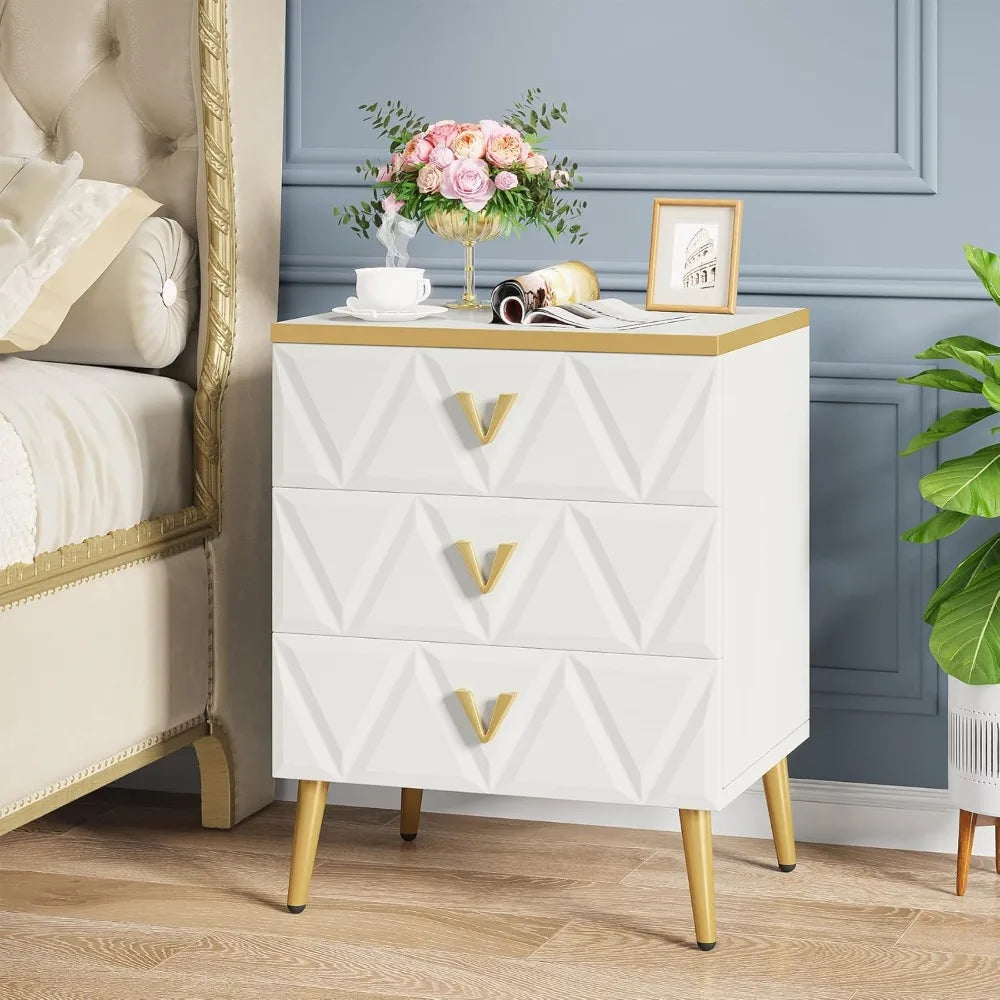 3-Drawer Nightstand Set of 2, Luxury Bedside Table