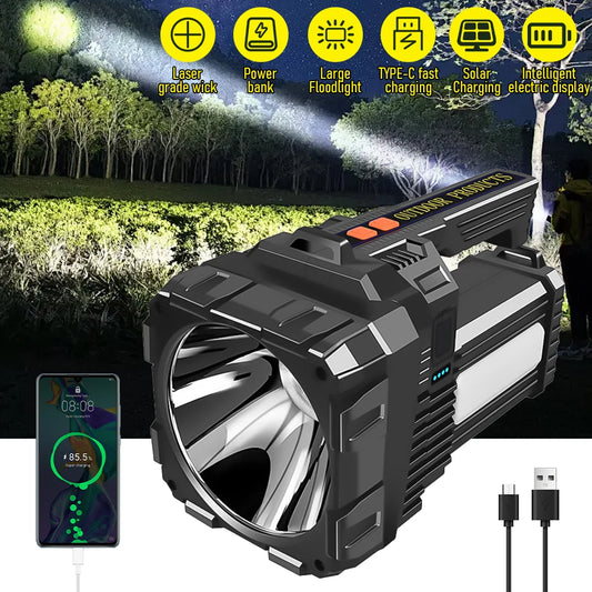 Solar Energy High Power LED Flashlight Type-C Rechargeable Waterproof