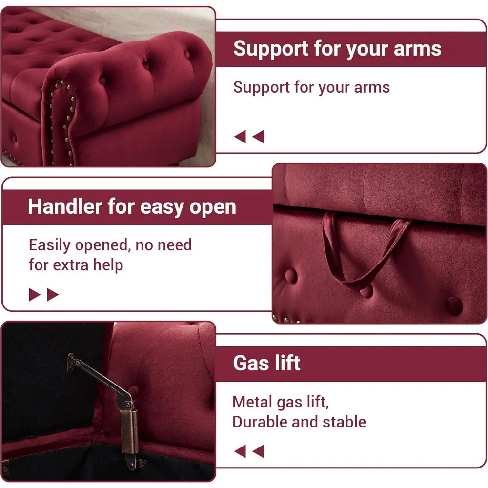 Velvet Storage Bench With Rolled Arm And Nailhead Trim