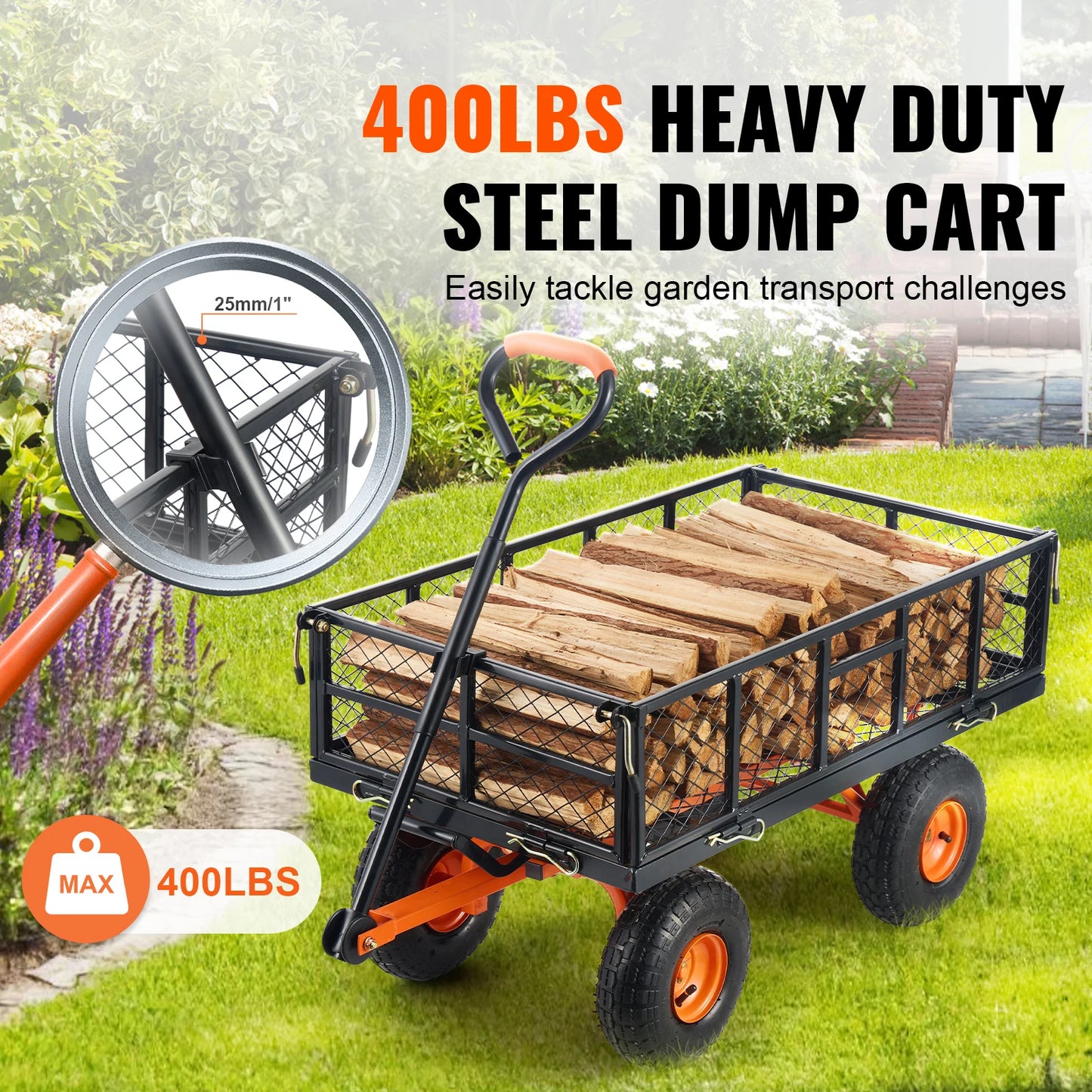 SucceBuy Garden Cart Metal Utility Wagon Dump Cart Durable