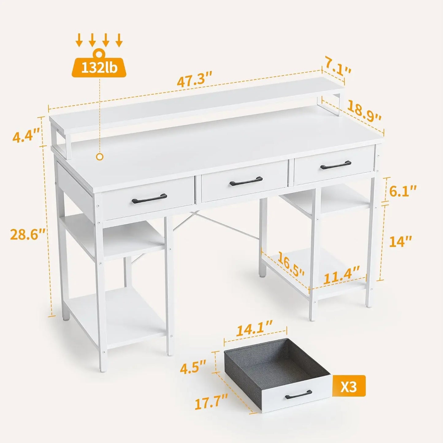 47 Inch Computer Desk with 3 Drawers and Storage Shelves