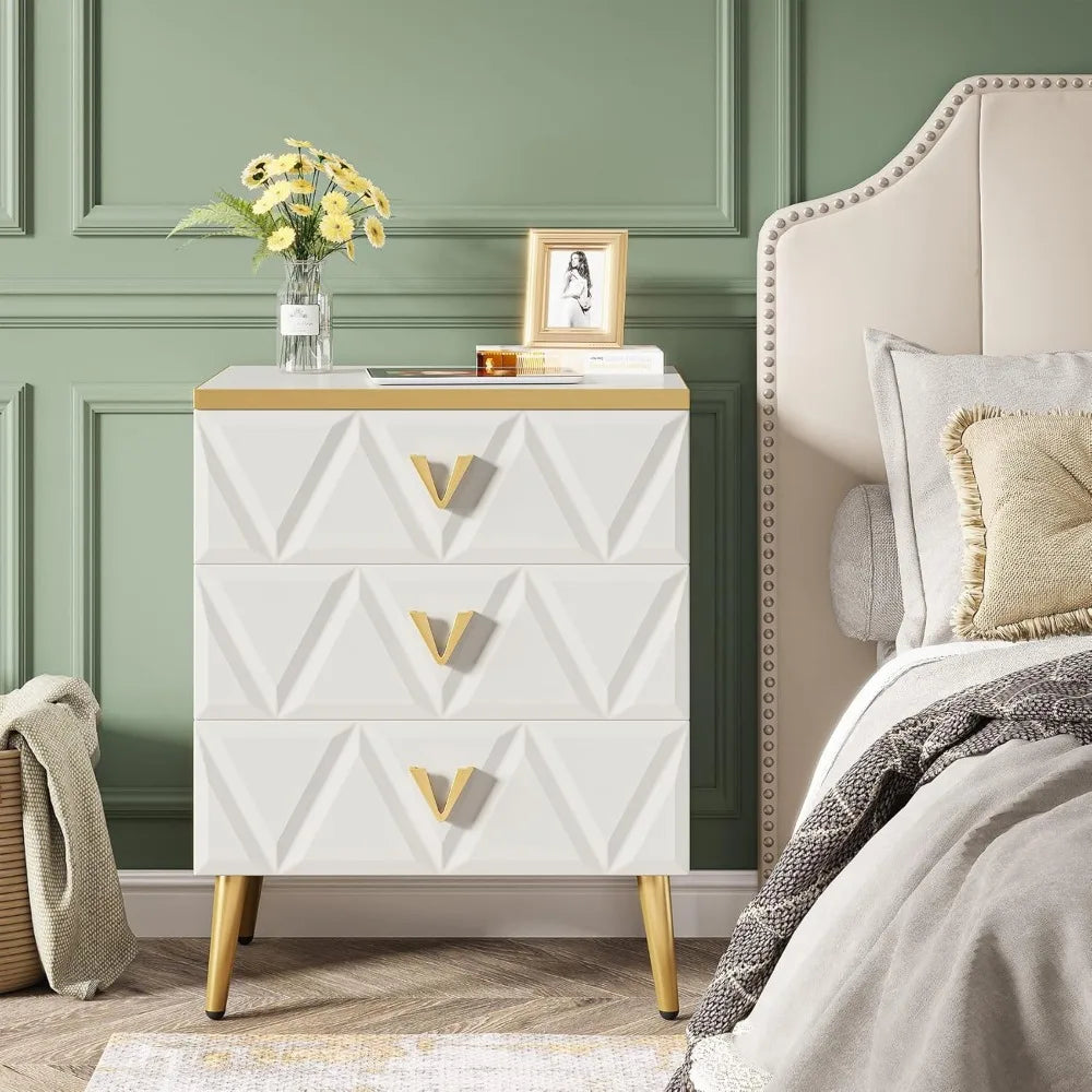 3-Drawer Nightstand Set of 2, Luxury Bedside Table