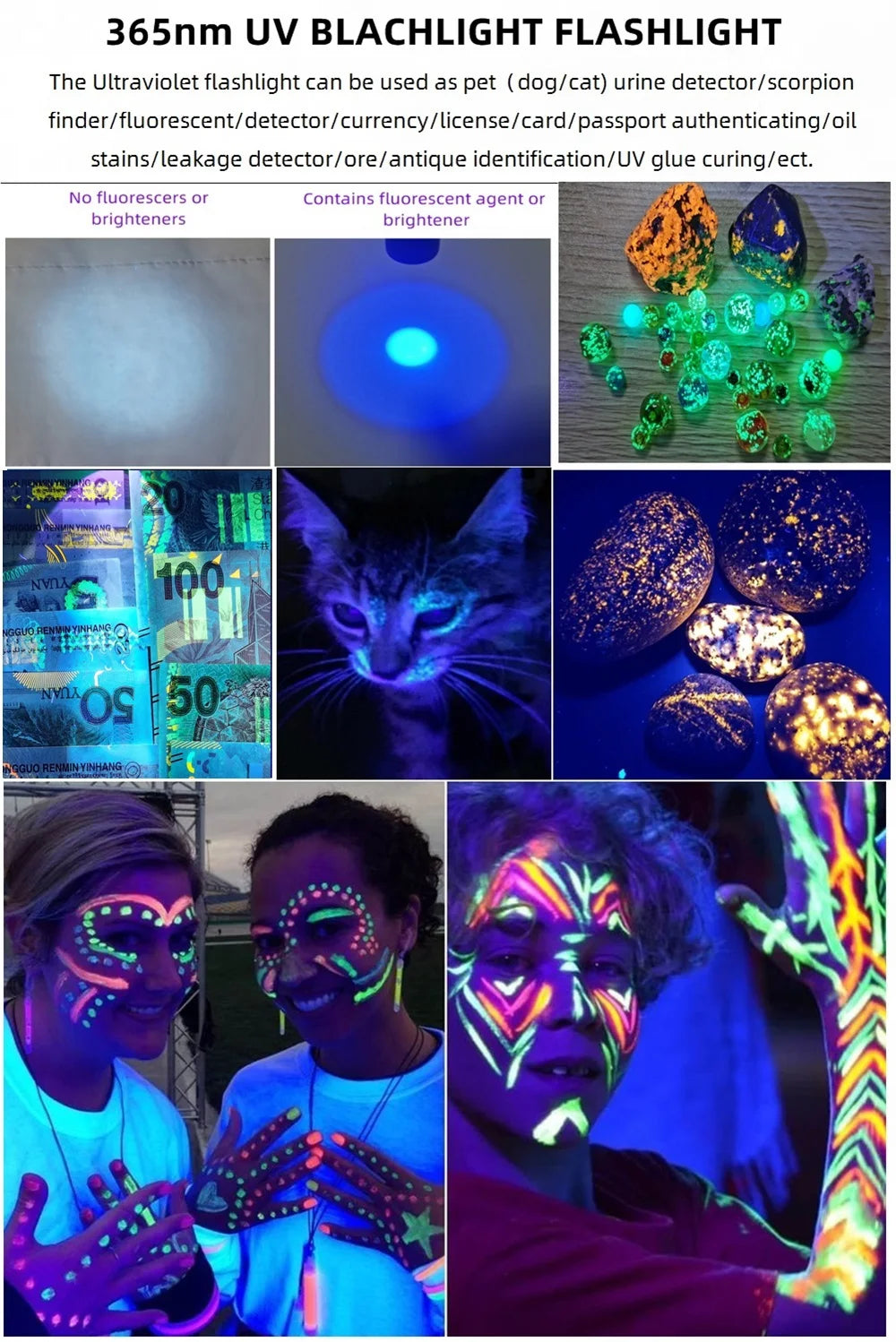 365/395nm UV Flashlight Blacklight Mini Ultraviolet Pet Urine Stain