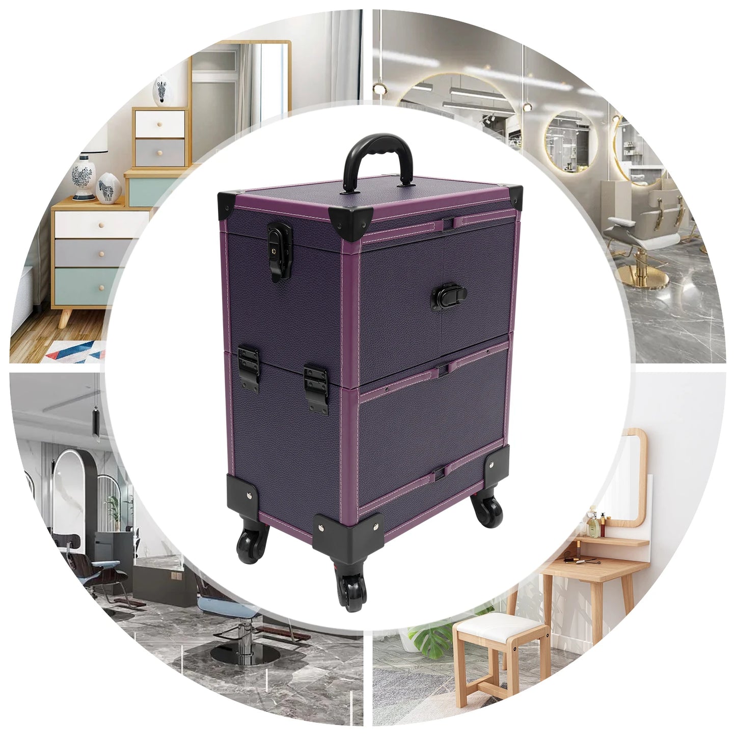Stylish Purple Rolling Makeup Train Case - Artist Organizer Trolley