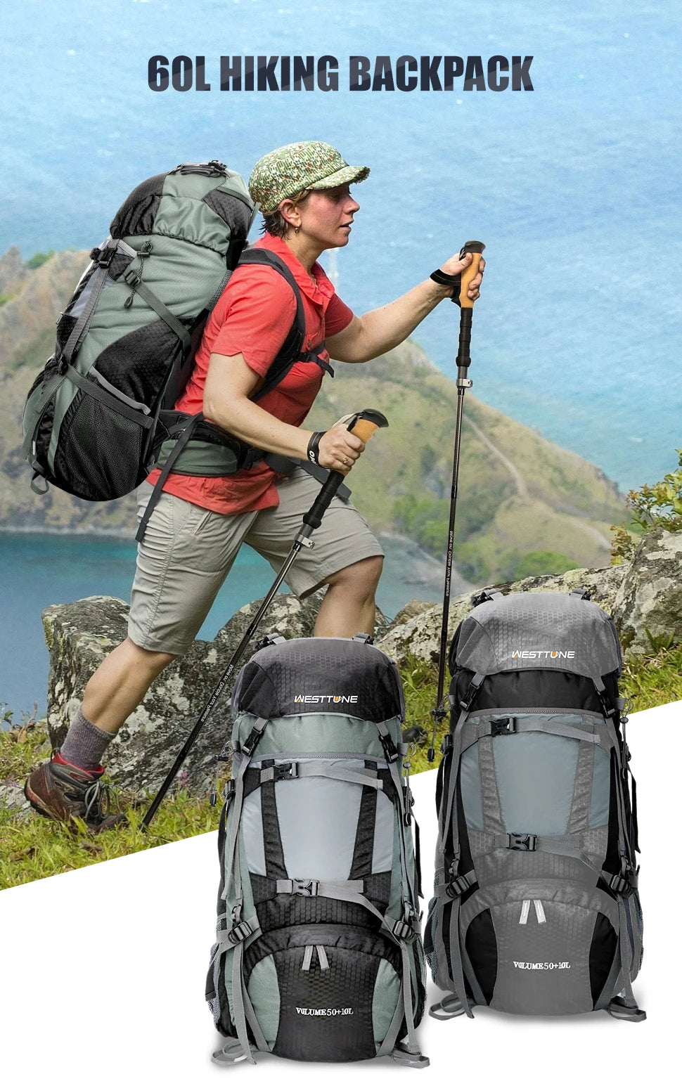 WESTTUNE 60L Explorer Internal Frame Backpack for Travel