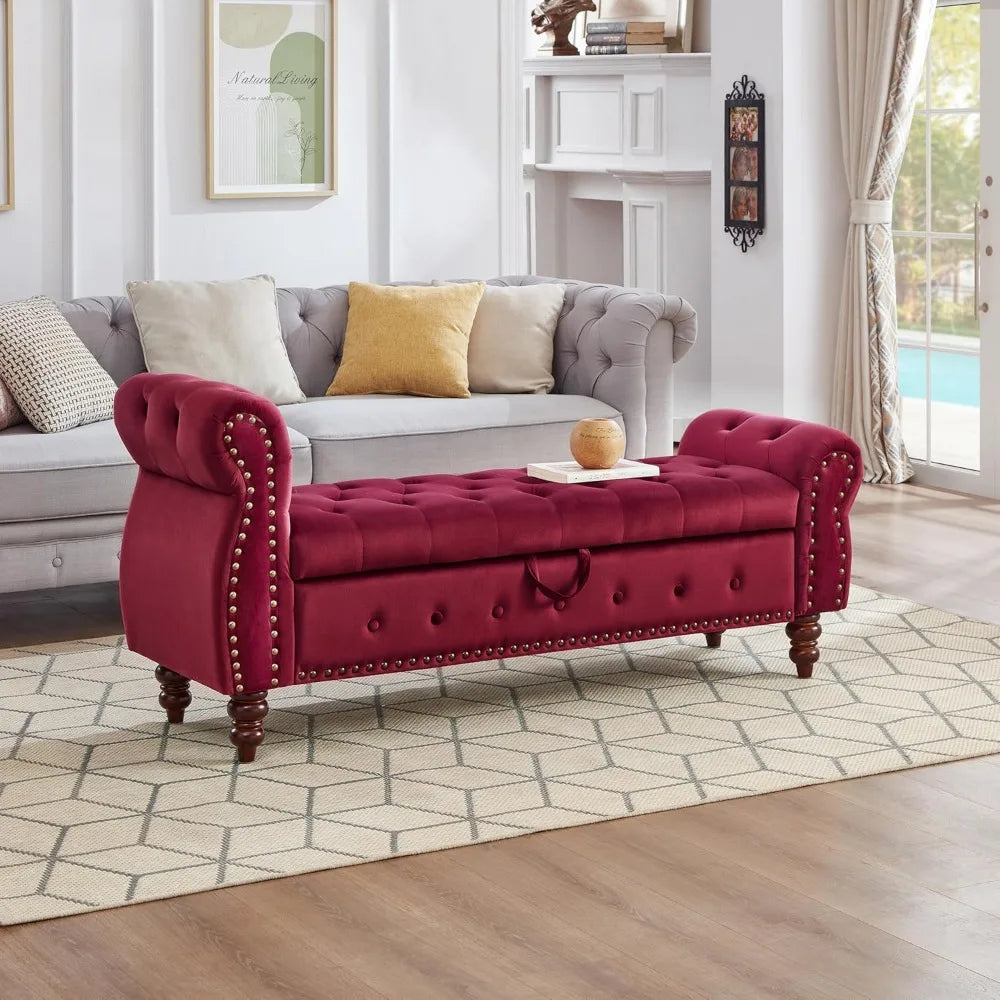 Velvet Storage Bench With Rolled Arm And Nailhead Trim